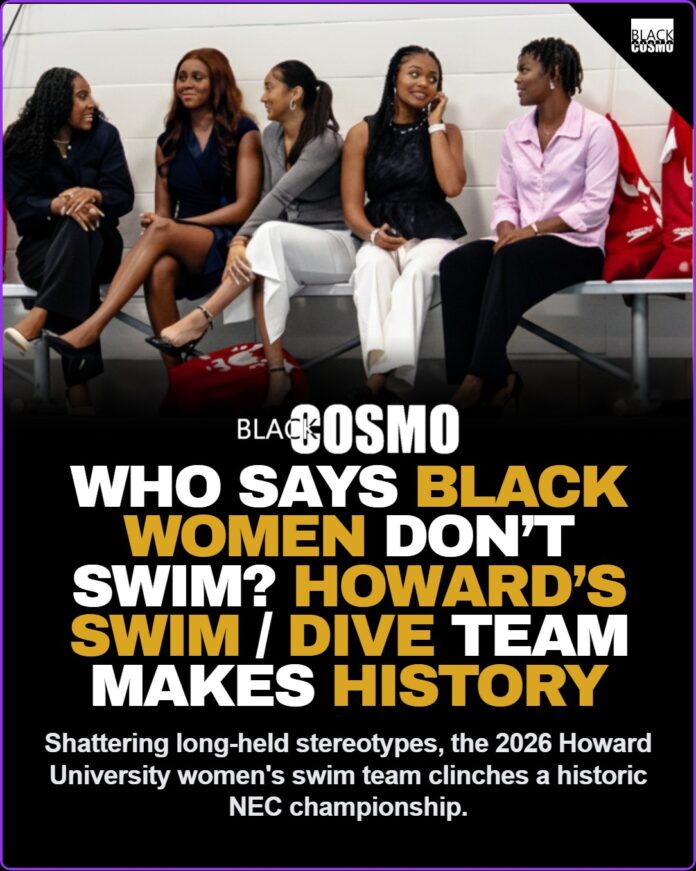 Howard University Women’s Swim Team Wins NEC Championship Members of the Howard University Women's Swim Team celebrating a victory in the pool.