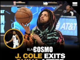 J. Cole dribbling a basketball on a professional court.
