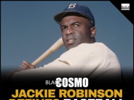 Vintage black and white photograph of a baseball icon wearing number 42 on the field.