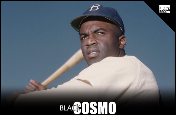 Vintage black and white photograph of a baseball icon wearing number 42 on the field.