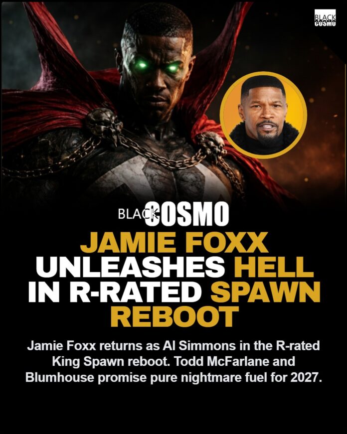 Jamie Foxx Locked In For R-Rated Spawn Reboot In 2027 A dark, gritty conceptual representation of Jamie Foxx as the brutal antihero Spawn, complete with chains and shadows.