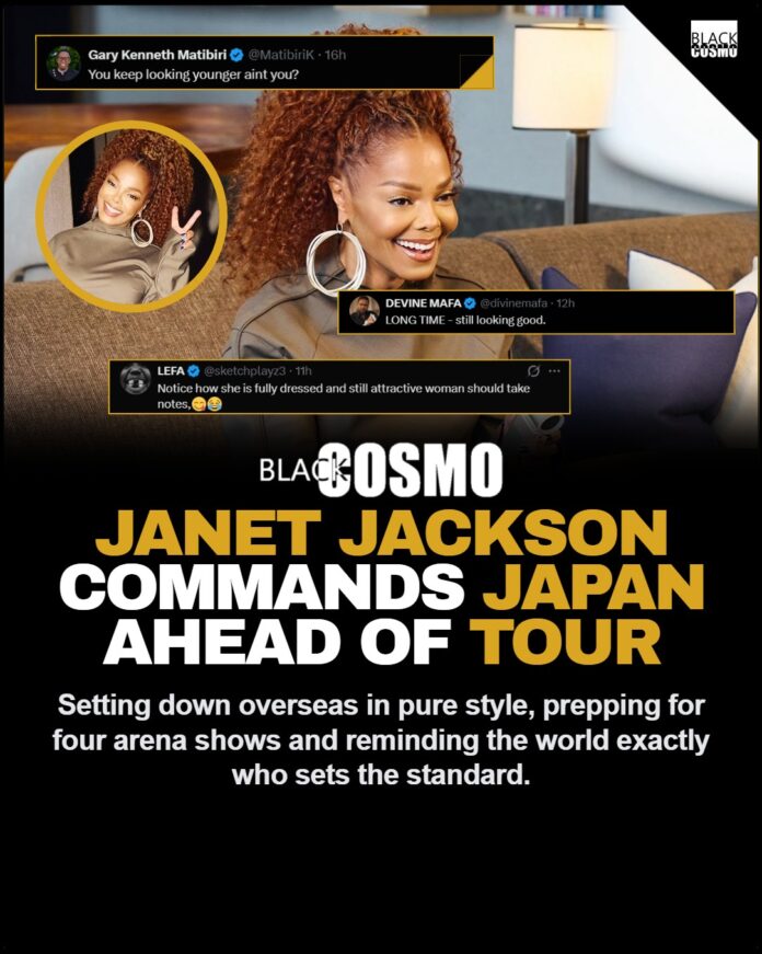 Janet Jackson Japan 2026 Tour Details: Glion Arena Kobe, Special Guests Janet Jackson flashing a peace sign while dressed in a chic taupe top and wide-leg trousers in Japan.