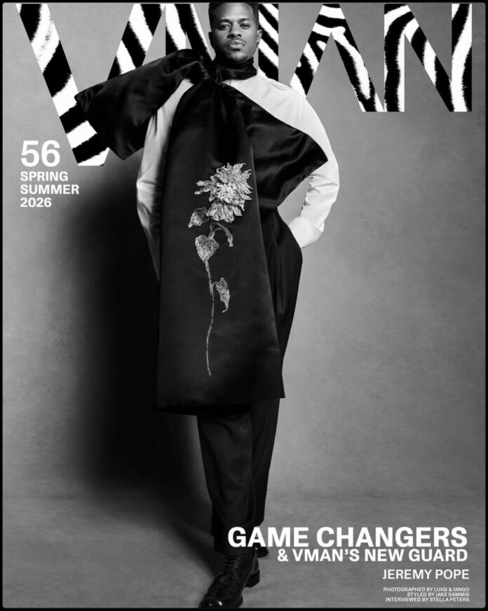 Jeremy Pope VMAN Magazine April 2026 Cover Story Jeremy Pope posing for VMAN magazine April 2026 editorial spread with grooming by Jai Williams