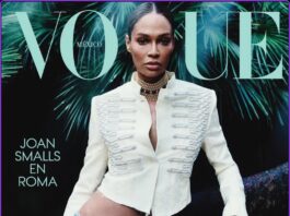 Joan Smalls modeling for the Vogue Latin America April 2026 cover feature.