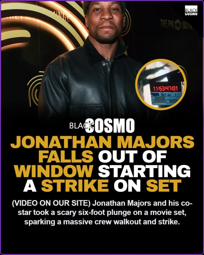 Jonathan Majors Falls Through Window on Daily Wire Movie Set, Crew Strikes A film slate and camera lens on a dark movie set, representing the chaotic production environment where Jonathan Majors suffered his recent accident.