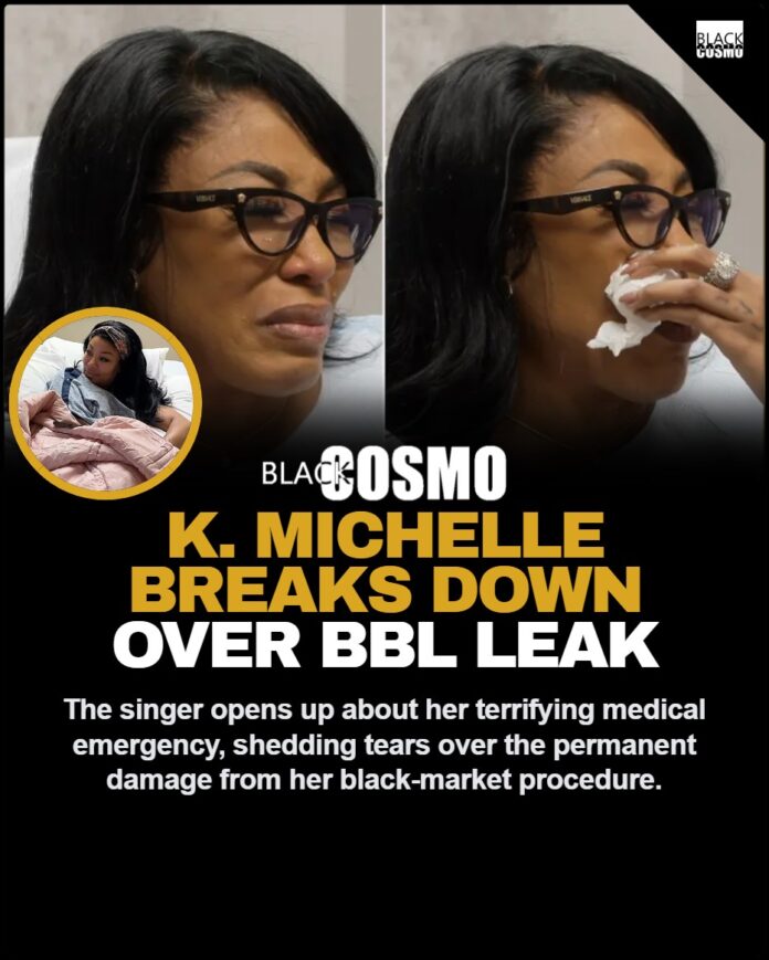 K. Michelle Hospitalized: Singer Breaks Down Over BBL Leaking K. Michelle looking emotional and speaking candidly during a television appearance about her health struggles and surgery complications.