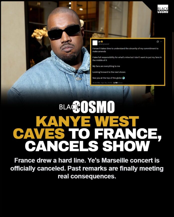 Kanye West Cancels France Concert Over Past Remarks Kanye West walking outdoors with his face obscured by a dark covering