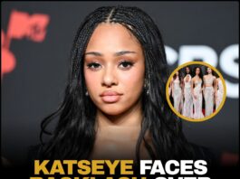 A split image showing the KATSEYE pop group performing without Manon Bannerman alongside a close-up portrait of Manon amidst social media backlash graphics