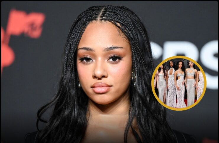 A split image showing the KATSEYE pop group performing without Manon Bannerman alongside a close-up portrait of Manon amidst social media backlash graphics