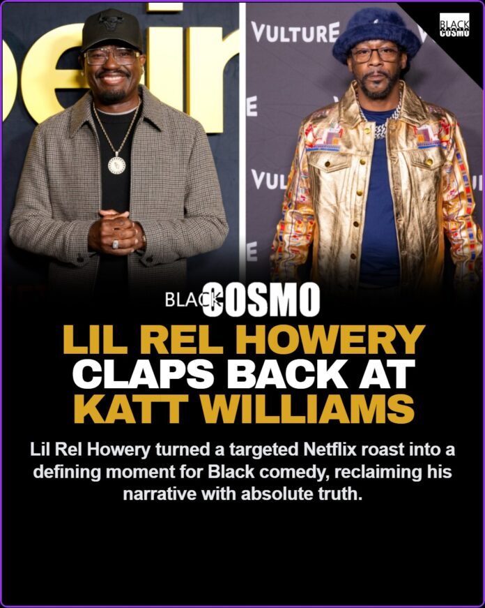 Lil Rel Howery Claps Back at Katt Williams Netflix Roast Lil Rel Howery commanding the stage with a microphone during a stand-up comedy performance.