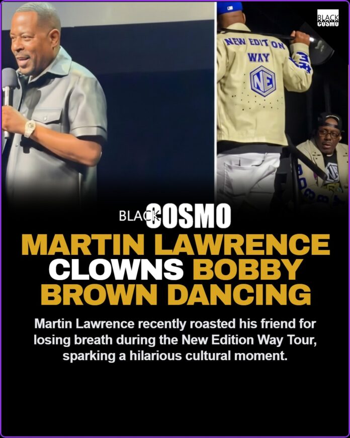 blkcosmo-martin-lawrence-clowns-bobby-brown-dancing Bobby Brown performing on stage during the New Edition Way Tour under dramatic concert lighting.