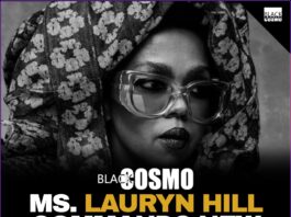 Black-and-white photograph of Ms. Lauryn Hill wearing a Denim Tears jacket and matching jeans featuring the signature cotton wreath motif.