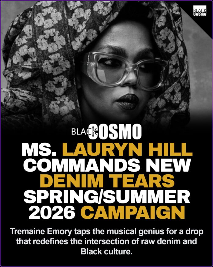 Ms. Lauryn Hill Stikes a Pose In Denim Tears Latest Campaign Black-and-white photograph of Ms. Lauryn Hill wearing a Denim Tears jacket and matching jeans featuring the signature cotton wreath motif.