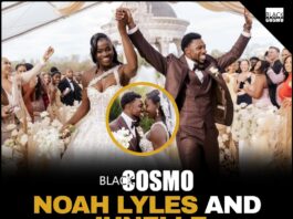 A beautiful wedding celebration showing Olympians Noah Lyles and Junelle Bromfield smiling together, representing the beautiful union of Jamaican and American cultures.