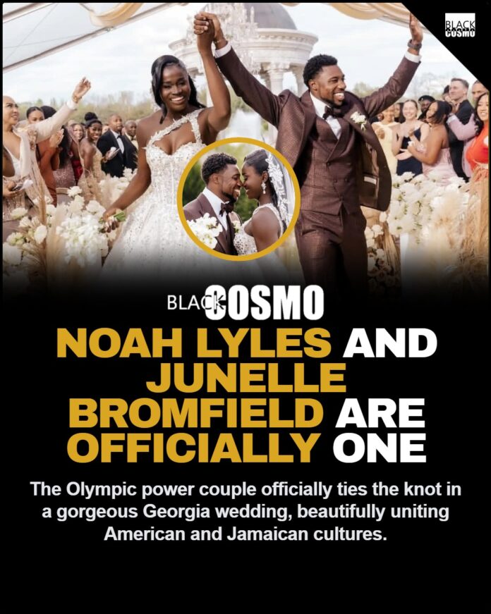 Noah Lyles and Junelle Bromfield Wedding: Jamaica and USA United A beautiful wedding celebration showing Olympians Noah Lyles and Junelle Bromfield smiling together, representing the beautiful union of Jamaican and American cultures.