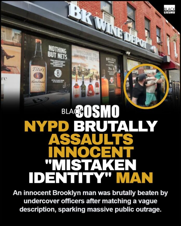 NYPD Brutally Assaults Innocent Man in Mistaken Identity | BlkCosmo A blurry screenshot from a viral video showing a tense confrontation involving police officers inside a Brooklyn liquor store.