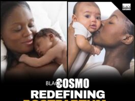 A Black mother gently holding her newborn baby, looking peaceful and rested in a softly lit bedroom, representing the importance of postpartum self-care and grace.