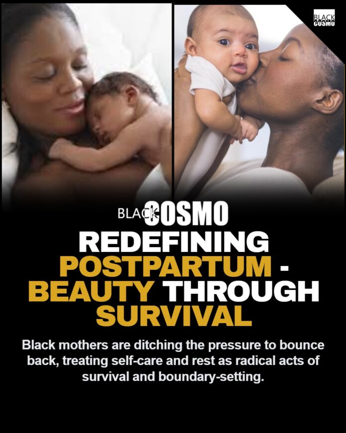 Redefining Postpartum Beauty: How Black Moms Navigate Self-Care A Black mother gently holding her newborn baby, looking peaceful and rested in a softly lit bedroom, representing the importance of postpartum self-care and grace.
