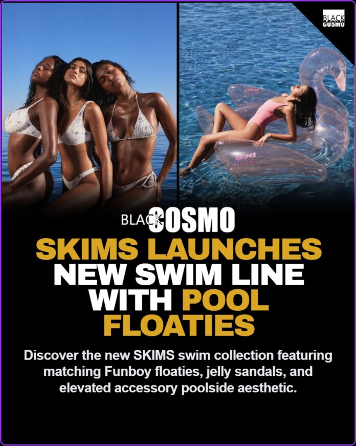 SKIMS New Swim Collection Drops With Matching Funboy Floaties A model lounging on a mocha-toned inflatable Funboy chaise, wearing a matching earth-tone two-piece swimsuit from the new SKIMS swim collection.