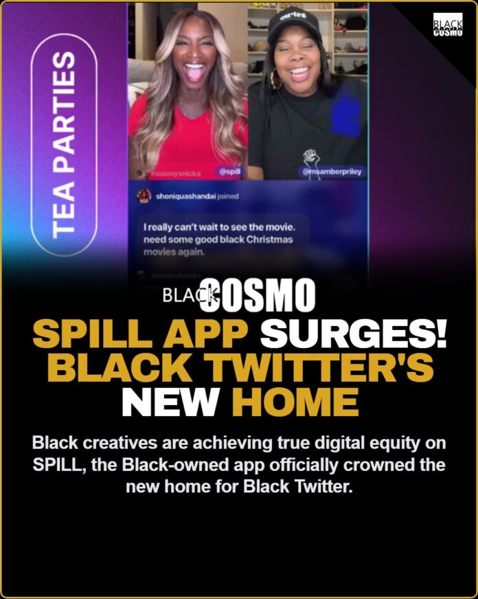 SPILL App Surges: The New Home for Black Twitter | Digital Equity A young Black creative smiling while using a smartphone, representing the vibrant community on the SPILL app.