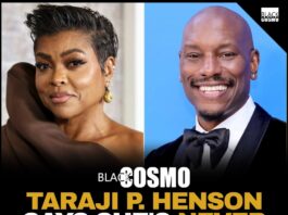 Taraji P. Henson, a Black woman with short, dark hair, wearing a black dress and smiling confidently at the camera.