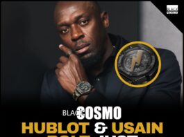 A close-up image of the Hublot Big Bang Reloaded Usain Bolt watch, featuring a sleek black ceramic case and vibrant yellow accents.