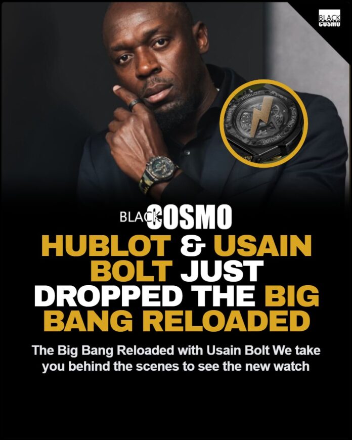 Usain Bolt Limited Edition Watch Combines Legacy and Luxury With Hublot Collaboration A close-up image of the Hublot Big Bang Reloaded Usain Bolt watch, featuring a sleek black ceramic case and vibrant yellow accents.