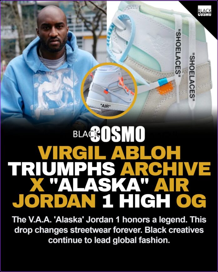 Virgil Abloh Archive x Air Jordan 1 High OG Alaska Drop A high-quality, editorial shot highlighting the deconstructed design of the white Virgil Abloh Archive x Air Jordan 1 High OG Alaska sneakers featuring the iconic zip tie.