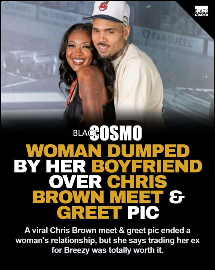 Woman Dumped Over Viral Chris Brown Meet & Greet Photo Woman smiling while posing intimately in a viral meet and greet photo with R&B singer Chris Brown.
