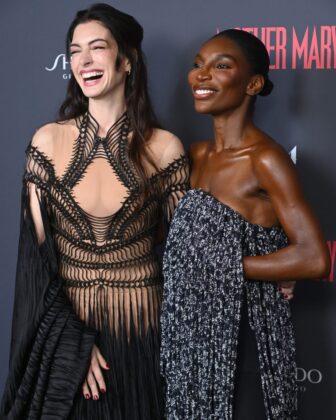 Michaela Coel and Anne Hathaway pose together at the Mother Mary special film screening at Picturehouse Central in London.