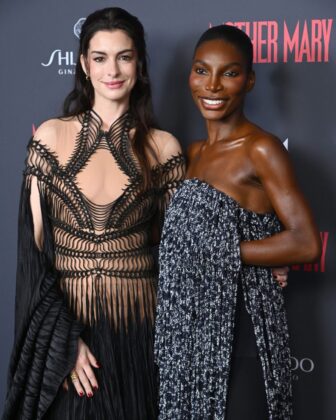 Michaela Coel and Anne Hathaway pose together at the Mother Mary special film screening at Picturehouse Central in London.