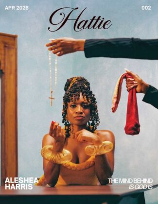 Aleshea Harris on the cover of Hattie Magazine, wearing an ochre garment and gold bangles, flanked by hands offering a crucifix and ancestral cloths.