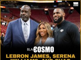 LeBron James, Serena Williams, and Shaquille O'Neal standing together and smiling