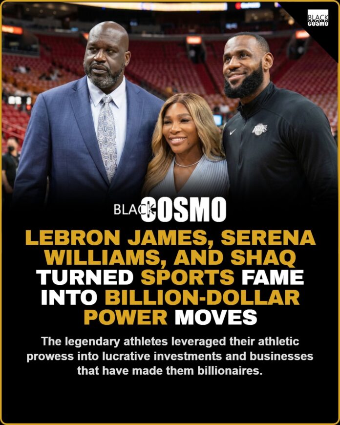 LeBron, Serena & Shaq’s Billion-Dollar Power Moves LeBron James, Serena Williams, and Shaquille O'Neal standing together and smiling