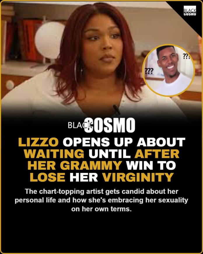 Lizzo Talks Virginity Loss After Grammy Win Lizzo posing on the red carpet in a vibrant, colorful outfit
