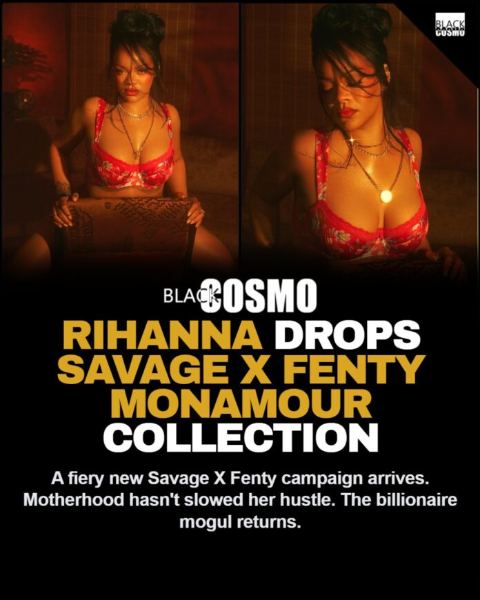 Rihanna Unveils Savage X Fenty Monamour Lingerie Drop 2026 Rihanna reclining in a red floral two-piece Savage X Fenty lingerie set in a warm, dimly lit room.