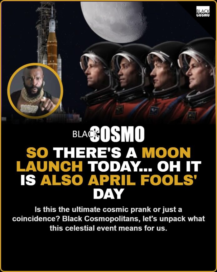Moon Launch on April Fools’ Day Rocket launching into the night sky on April 1st