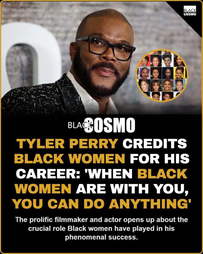 Tyler Perry Credits Black Women for His 30-Year Career Tyler Perry smiling and gesturing on stage