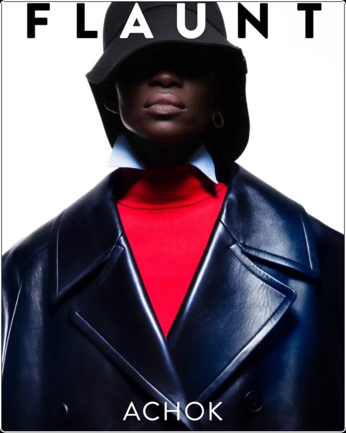 Achok Majak on Flaunt Magazine Cover May 2026 | BlkCosmo Achok Majak posing in a high-fashion, avant-garde editorial for Flaunt Magazine, featuring bold structural garments and sharp stiletto nails.
