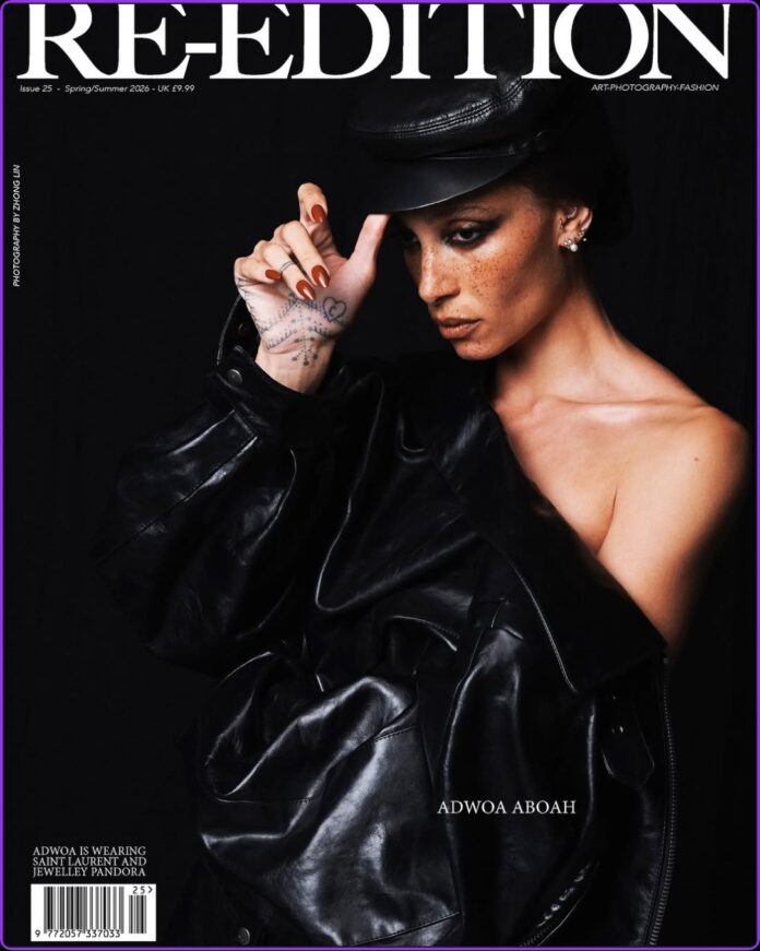 Adwoa Aboah on Re-Edition Magazine May 2026 Cover Spread Adwoa Aboah striking a high-fashion pose in a tailored ensemble with flawless makeup and sculptural hair for Re-Edition Magazine