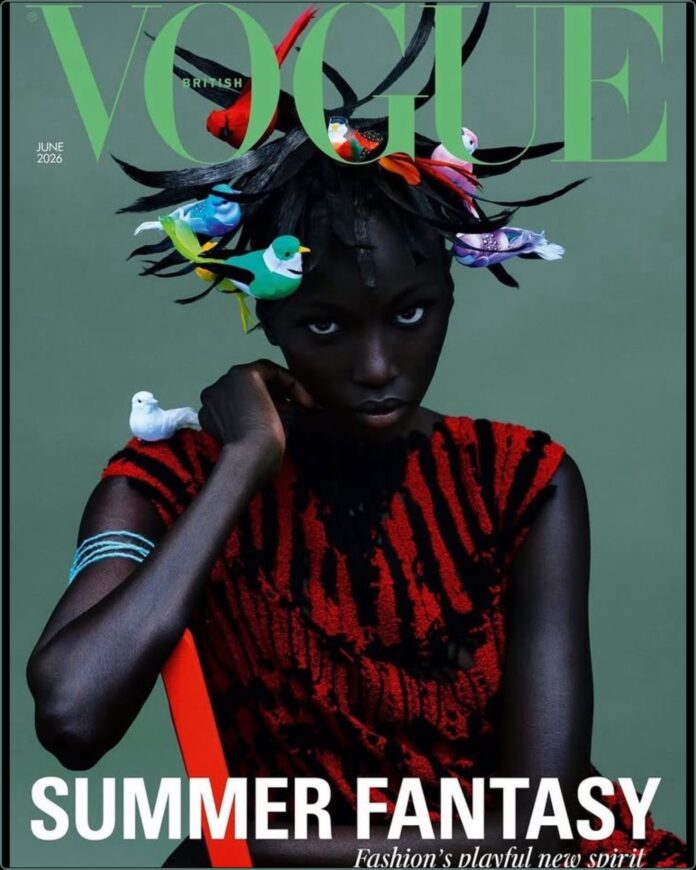Anok Yai on British Vogue May 2026 Editorial Anok Yai poses for British Vogue in an editorial shot by Rafael Pavarotti.