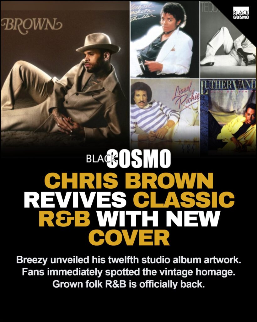 Chris Brown reclining in a tan corduroy suit and fedora for his new twelfth studio album cover.