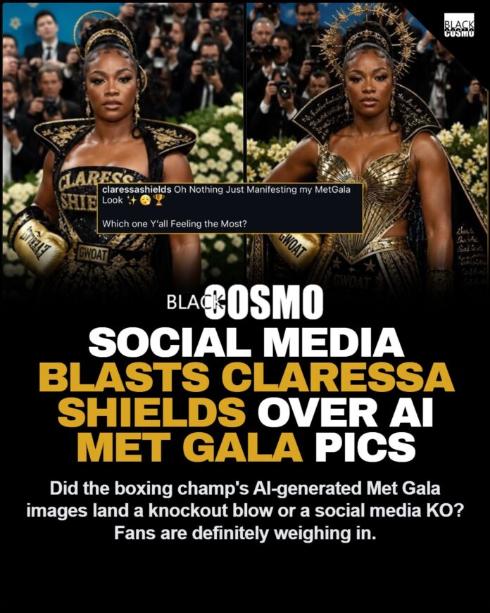 Claressa Shields AI Met Gala Photos Cause Social Media Uproar – BlkCosmo Claressa Shields looking glamorous in an AI-generated Met Gala gown, sparking debate about authenticity in fashion.