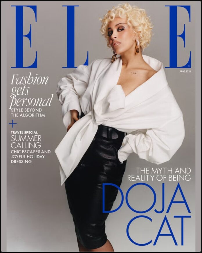 Doja Cat Elle UK Cover Feature May 2026 Doja Cat posing for the May 2026 cover of Elle UK in high-end fashion