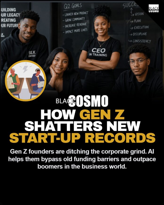 Gen Z Surpasses Baby Boomers in New Business Start-Ups A young Black entrepreneur working confidently on a laptop in a modern coffee shop.