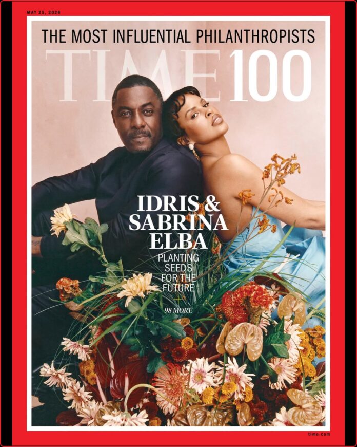Idris and Sabrina Elba on TIME Magazine May 2026 Feature Idris and Sabrina Elba posing for TIME Magazine, highlighting the Elba Hope Foundation.