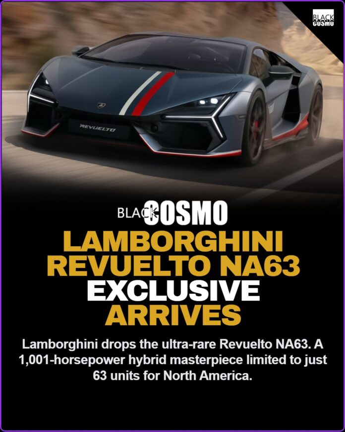 Lamborghini Revuelto NA63: The 1,001-HP Hybrid Supercar The sleek Lamborghini Revuelto NA63 parked outdoors showcasing its aerodynamic design and custom exterior livery.