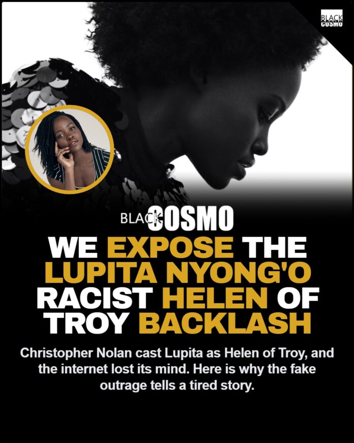 Lupita Nyong’o Helen of Troy Casting Racist Backlash Explained A stunning, cinematic portrait of a beautiful Black woman resembling royalty.