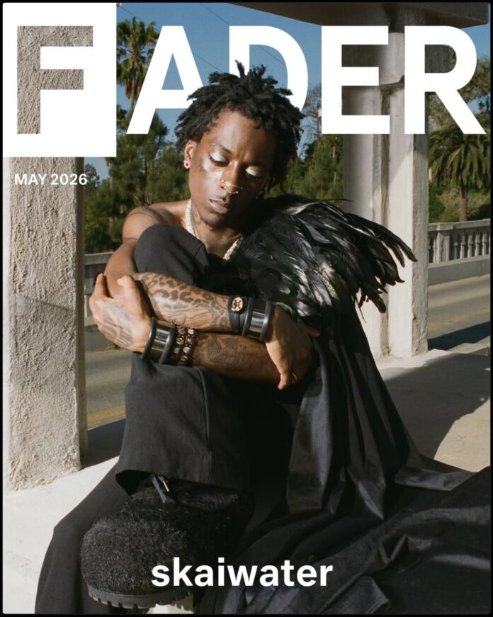 skaiwater photographed against a golden-lit river valley for the May 2026 cover of The FADER