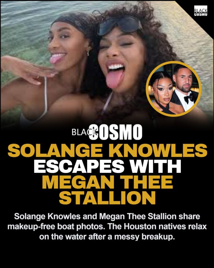Solange Knowles and Megan Thee Stallion Share Makeup-Free Vacation Photos Solange Knowles and Megan Thee Stallion relaxing on a boat during their summer vacation.
